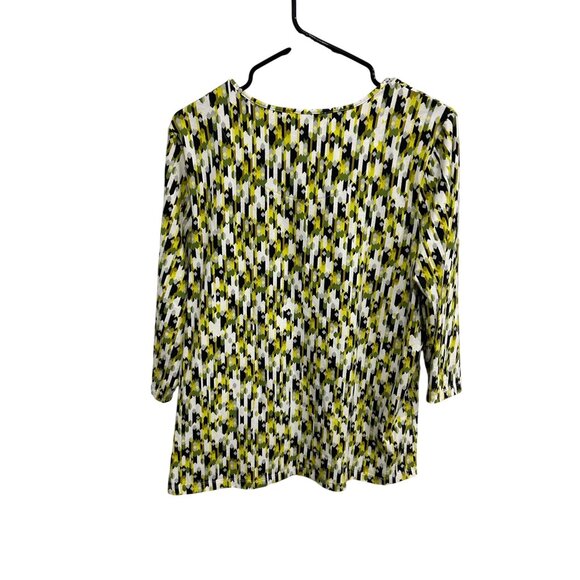 Denim & Co. Active Geometric Print Top Yellow Green Sz Medium 3/4 Sleeve Artsy - Picture 2 of 9